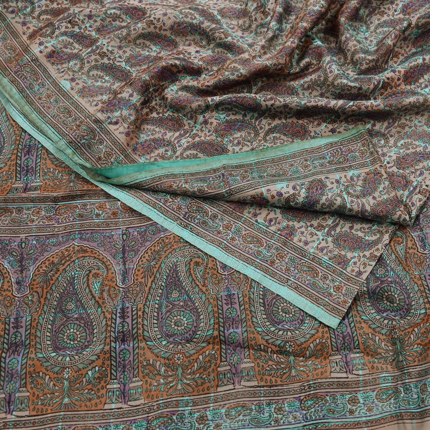 Indian Vintage Peach & Green Saree Pure Silk Printed Sari Craft Fabric 6yd Sewing Floral Soft Dress Designing for Crafting Quilting Upcycle