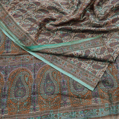 Indian Vintage Peach & Green Saree Pure Silk Printed Sari Craft Fabric 6yd Sewing Floral Soft Dress Designing for Crafting Quilting Upcycle