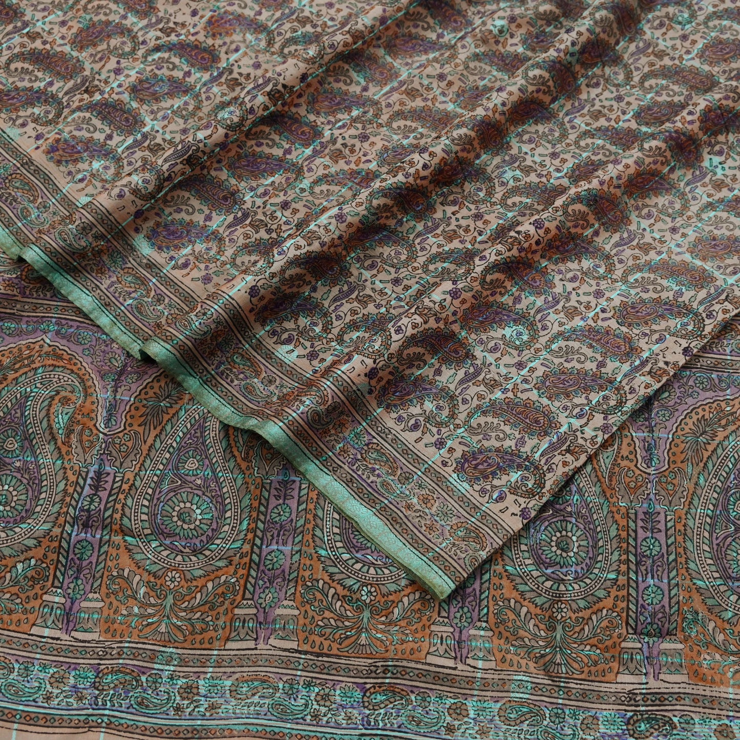 Indian Vintage Peach & Green Saree Pure Silk Printed Sari Craft Fabric 6yd Sewing Floral Soft Dress Designing for Crafting Quilting Upcycle