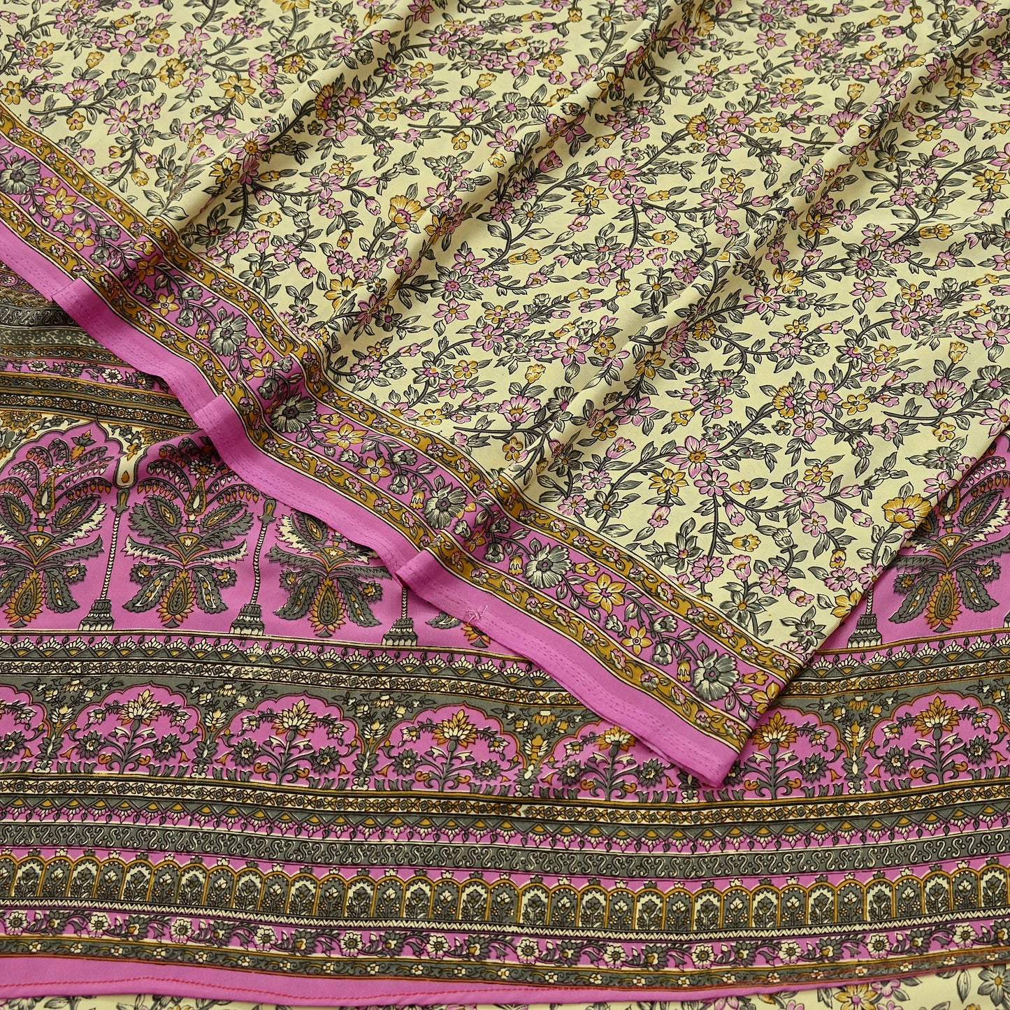 Indian Vintage Sari Ivory & Pink Moss Crepe Printed Sarees 5yd Craft Fabric Sewing Floral Soft Dress making Quilting Crafting Upcycle Used