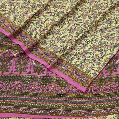 Indian Vintage Sari Ivory & Pink Moss Crepe Printed Sarees 5yd Craft Fabric Sewing Floral Soft Dress making Quilting Crafting Upcycle Used