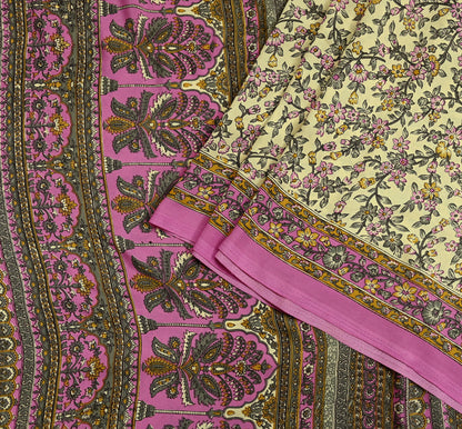 Indian Vintage Sari Ivory & Pink Moss Crepe Printed Sarees 5yd Craft Fabric Sewing Floral Soft Dress making Quilting Crafting Upcycle Used