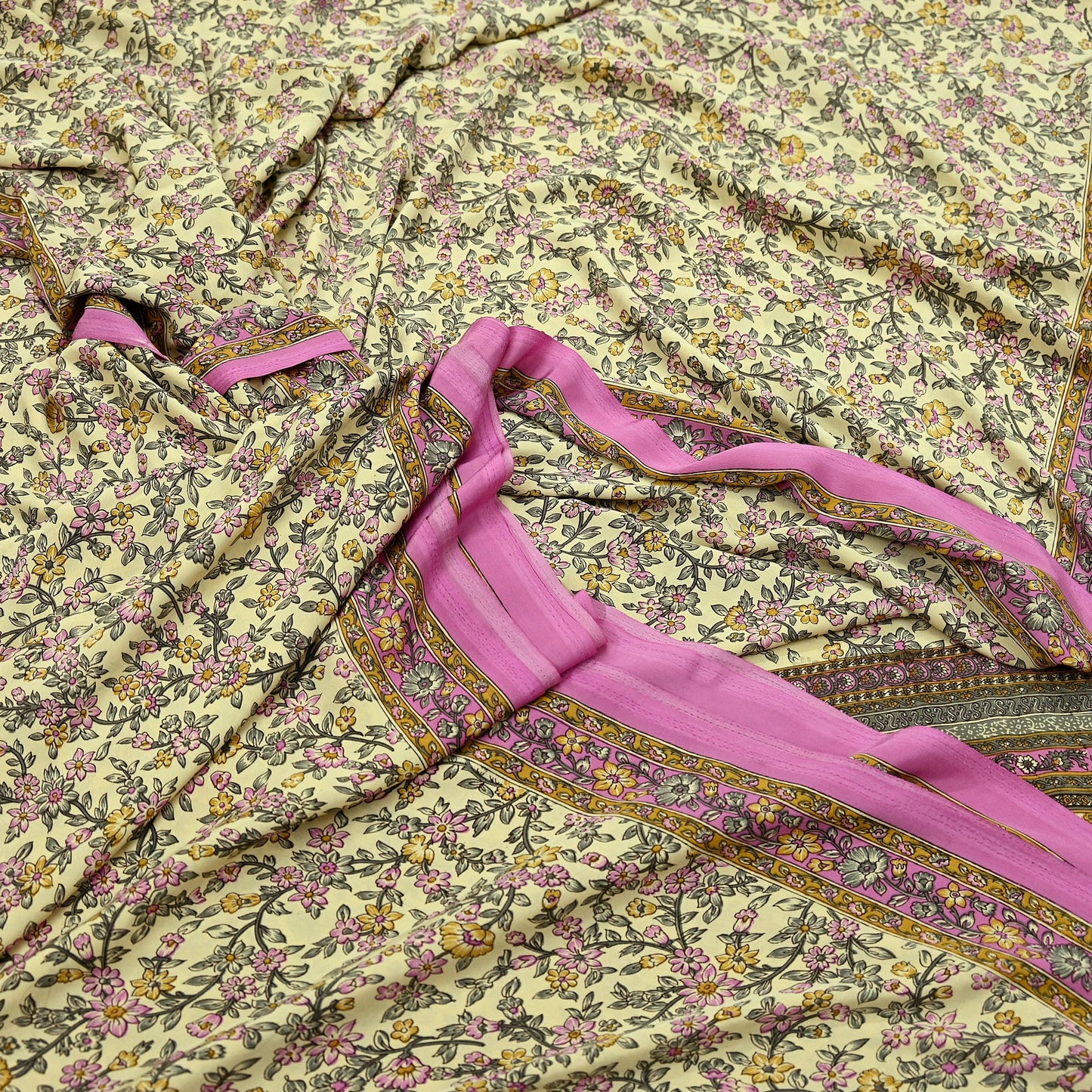 Indian Vintage Sari Ivory & Pink Moss Crepe Printed Sarees 5yd Craft Fabric Sewing Floral Soft Dress making Quilting Crafting Upcycle Used