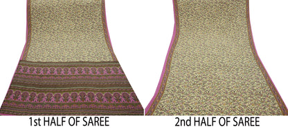 Indian Vintage Sari Ivory & Pink Moss Crepe Printed Sarees 5yd Craft Fabric Sewing Floral Soft Dress making Quilting Crafting Upcycle Used