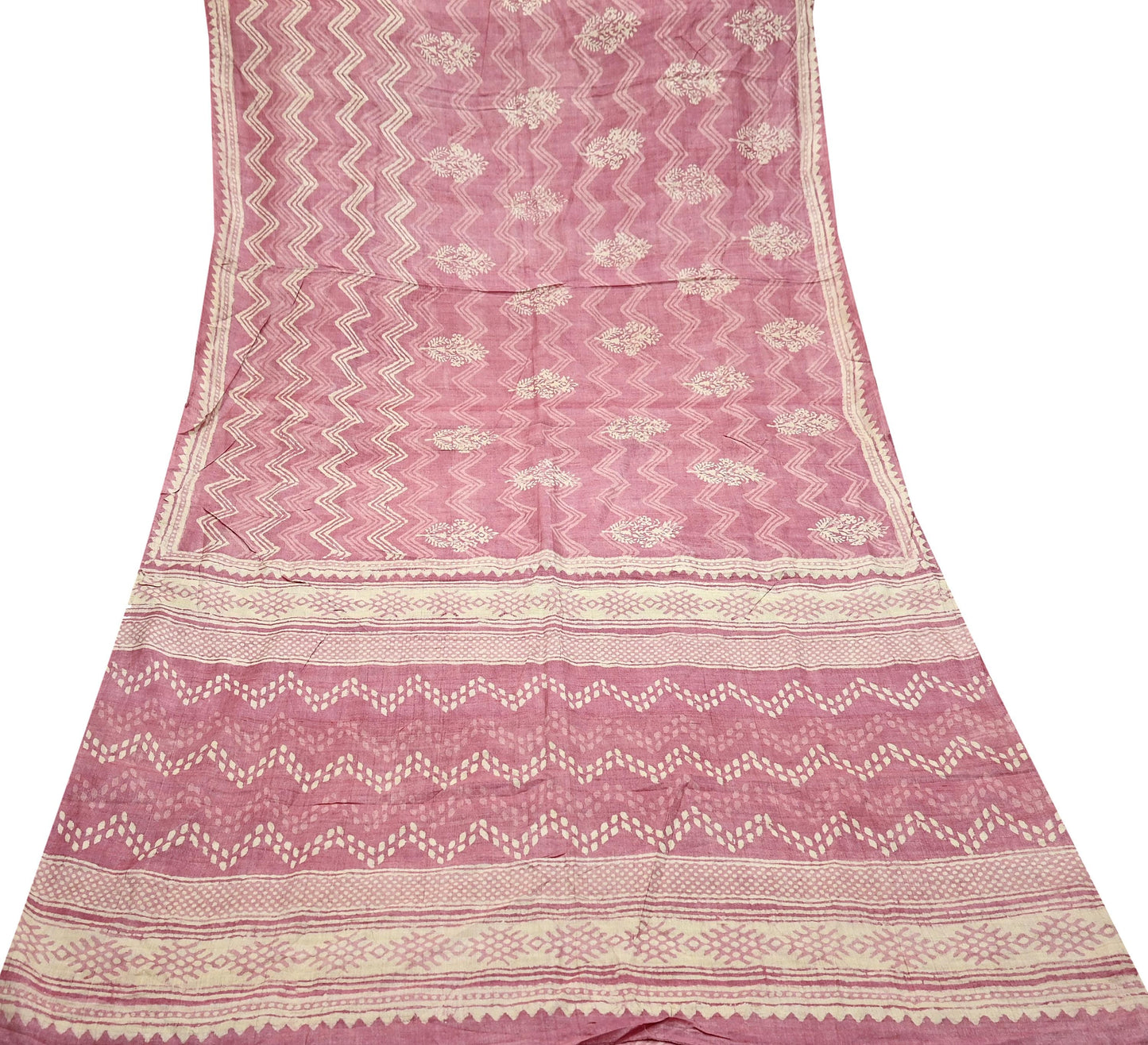 Indian Vintage Pink & Beige Saree Pure Khadi Silk Handloom Printed Indian Sari Fabric 5yard Ethnic Wear Sari Floral