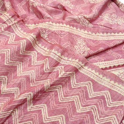 Indian Vintage Pink & Beige Saree Pure Khadi Silk Handloom Printed Indian Sari Fabric 5yard Ethnic Wear Sari Floral