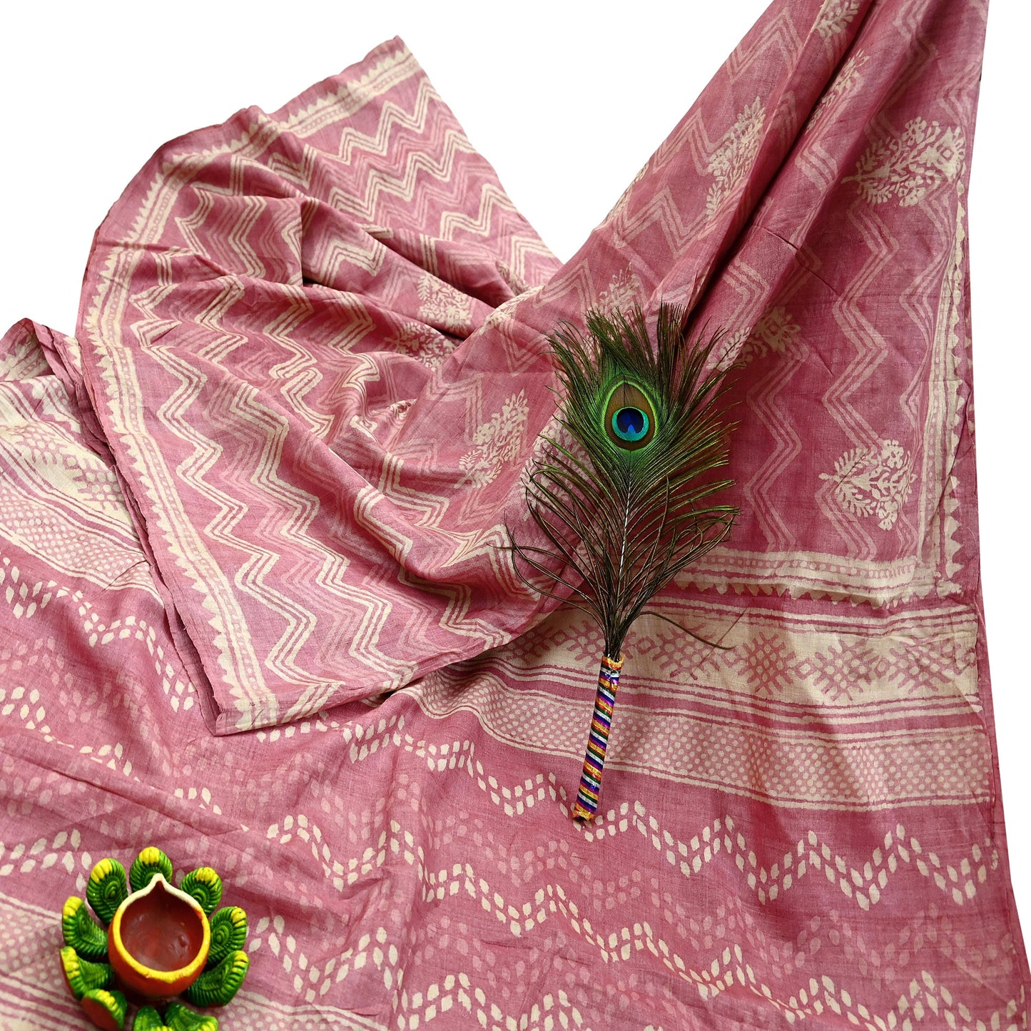 Indian Vintage Pink & Beige Saree Pure Khadi Silk Handloom Printed Indian Sari Fabric 5yard Ethnic Wear Sari Floral