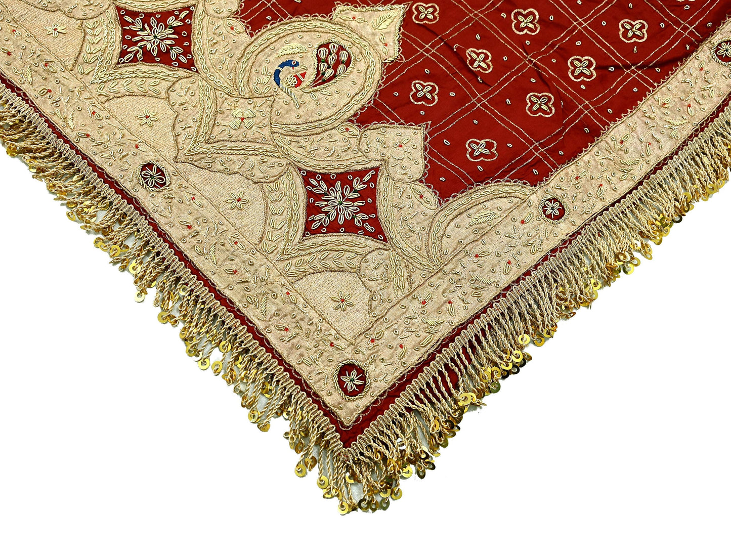 Indian Vintage Heavy Bridal Dupatta maroon Pure Silk Long Stole Hand Embroidered Hijab Scarf Zardozi Peacock Wedding Dupatta Fringes