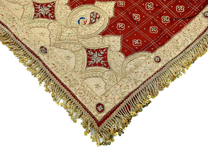 Indian Vintage Heavy Bridal Dupatta maroon Pure Silk Long Stole Hand Embroidered Hijab Scarf Zardozi Peacock Wedding Dupatta Fringes