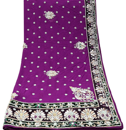 Indian Vintage Heavy Bridal Dupatta Purple Pure Georgette Silk Long Stole Hand Embroidered Scarf Zardozi/Dabka Zari Wedding/Party Dupatta