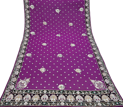 Indian Vintage Heavy Bridal Dupatta Purple Pure Georgette Silk Long Stole Hand Embroidered Scarf Zardozi/Dabka Zari Wedding/Party Dupatta