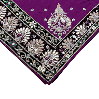 Indian Vintage Heavy Bridal Dupatta Purple Pure Georgette Silk Long Stole Hand Embroidered Scarf Zardozi/Dabka Zari Wedding/Party Dupatta
