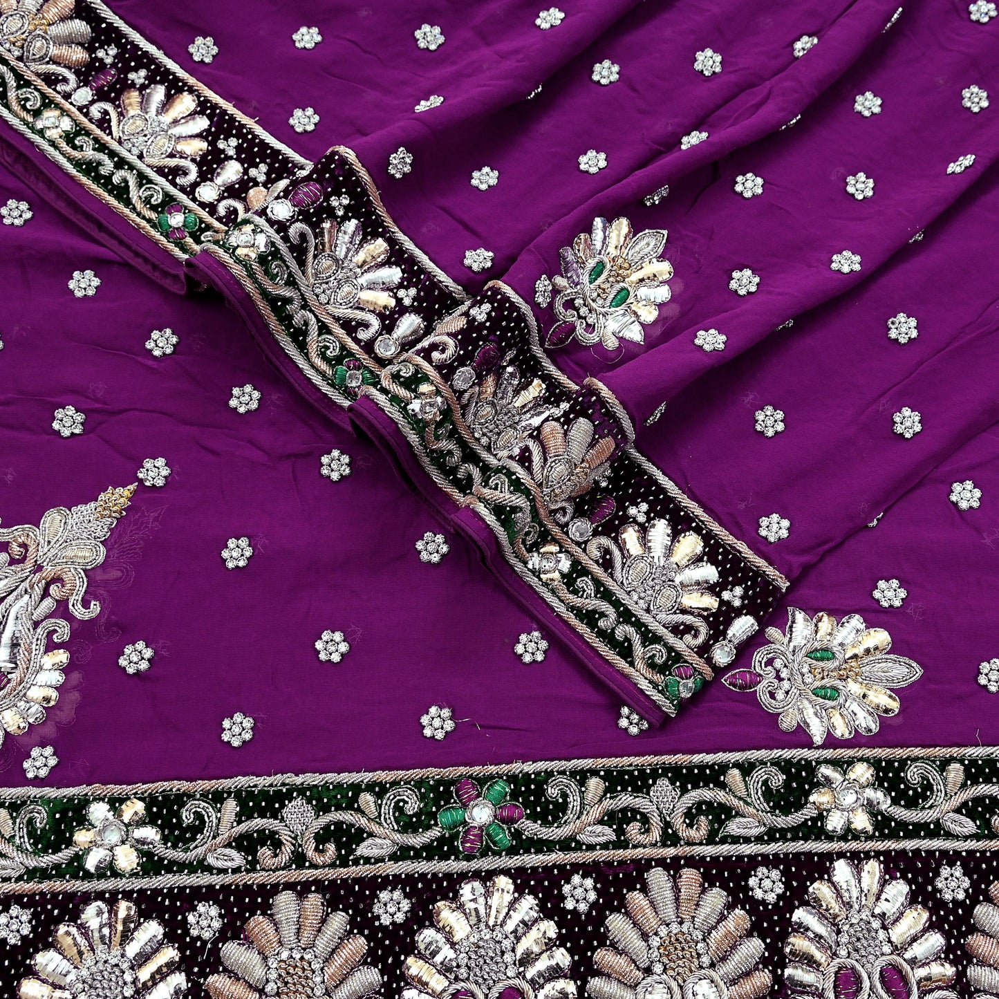 Indian Vintage Heavy Bridal Dupatta Purple Pure Georgette Silk Long Stole Hand Embroidered Scarf Zardozi/Dabka Zari Wedding/Party Dupatta