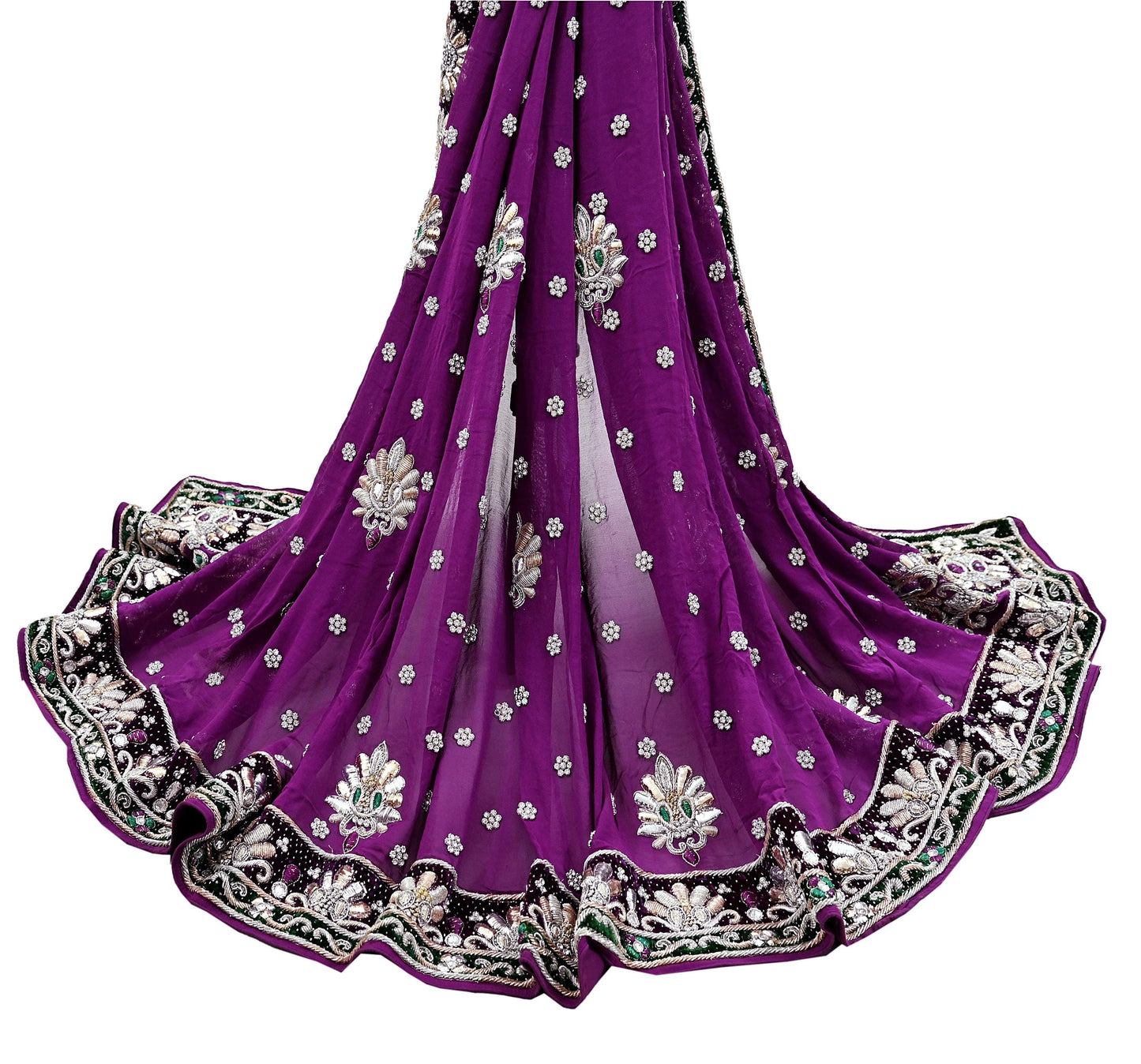 Indian Vintage Heavy Bridal Dupatta Purple Pure Georgette Silk Long Stole Hand Embroidered Scarf Zardozi/Dabka Zari Wedding/Party Dupatta