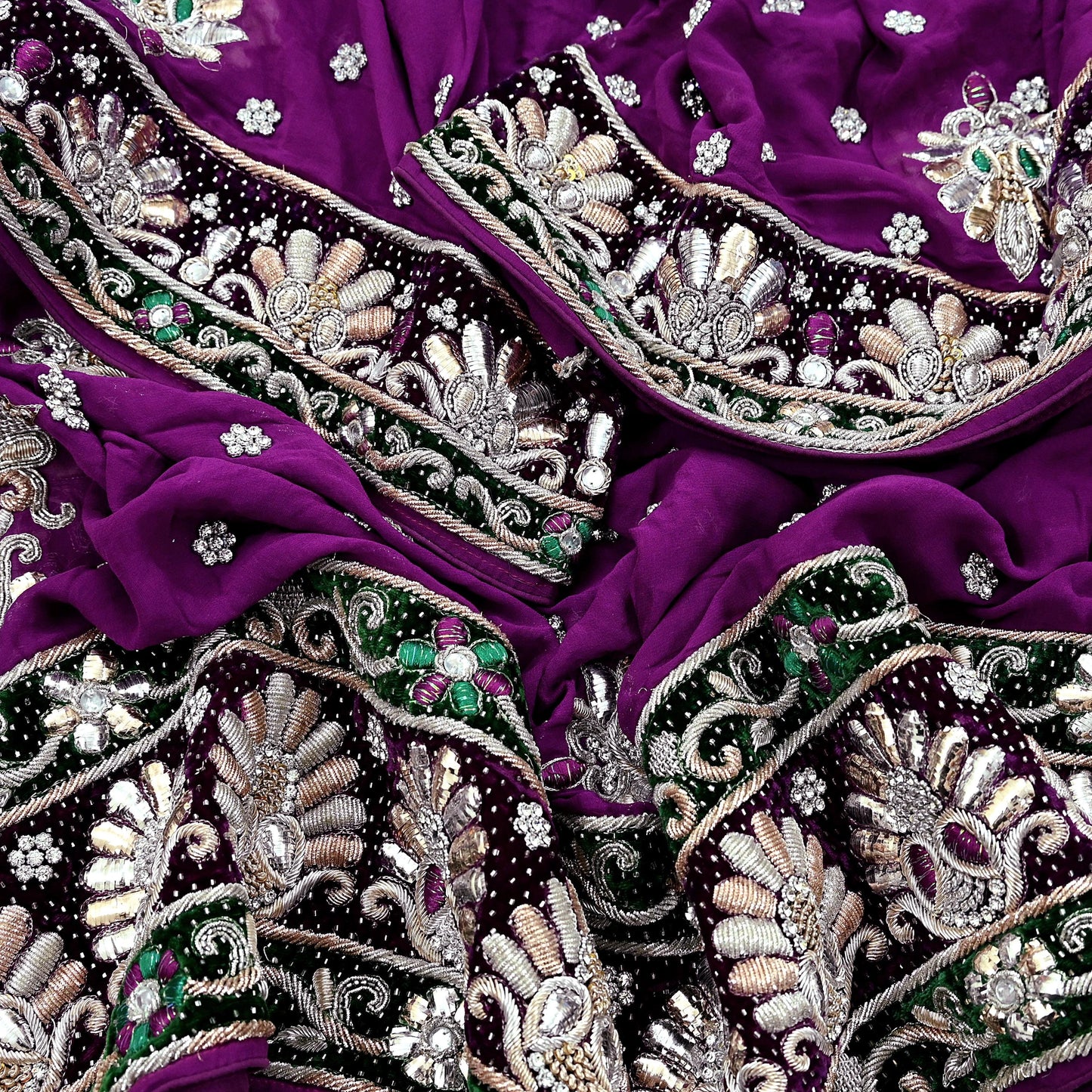 Indian Vintage Heavy Bridal Dupatta Purple Pure Georgette Silk Long Stole Hand Embroidered Scarf Zardozi/Dabka Zari Wedding/Party Dupatta