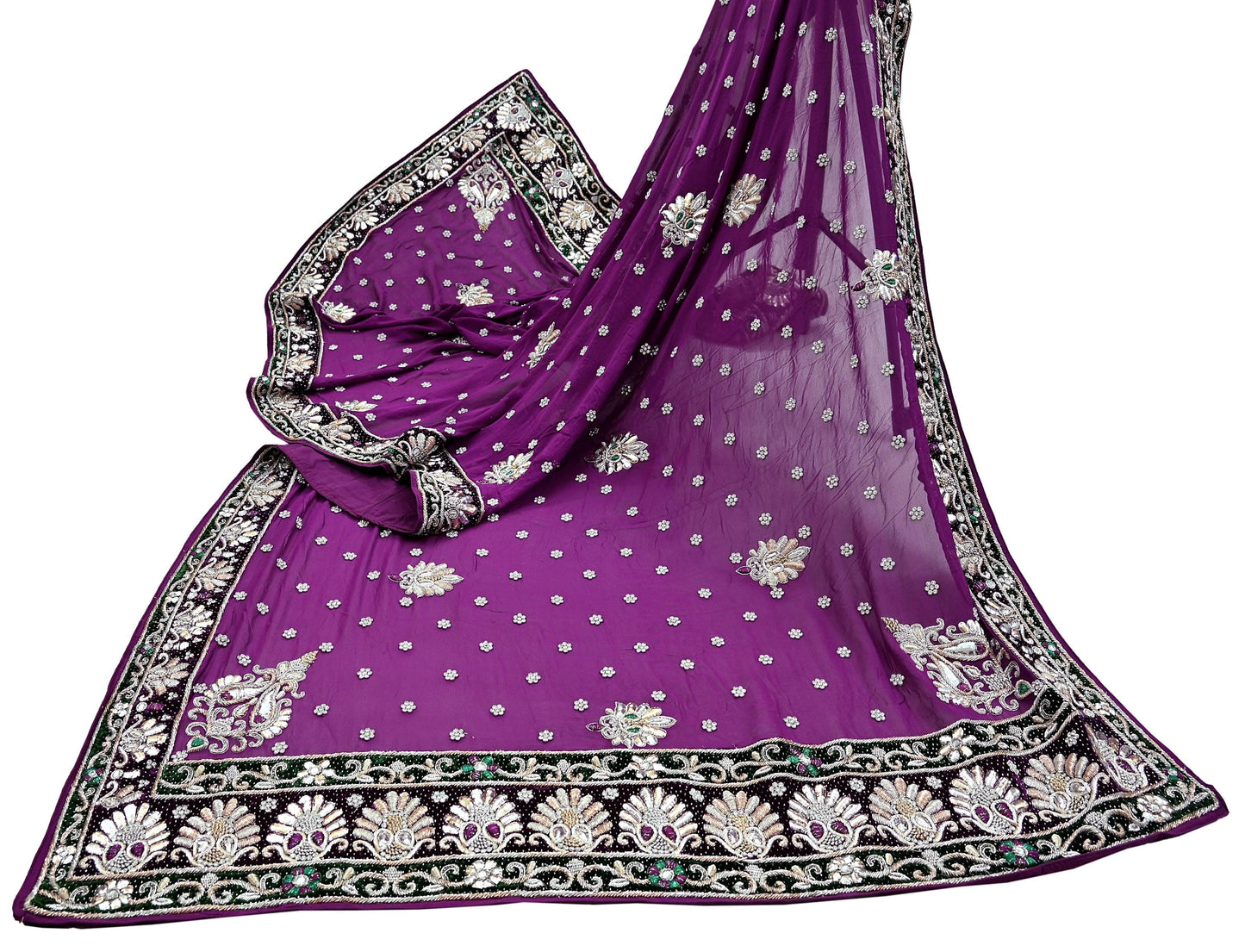 Indian Vintage Heavy Bridal Dupatta Purple Pure Georgette Silk Long Stole Hand Embroidered Scarf Zardozi/Dabka Zari Wedding/Party Dupatta