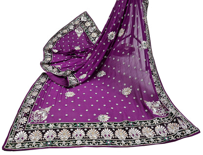Indian Vintage Heavy Bridal Dupatta Purple Pure Georgette Silk Long Stole Hand Embroidered Scarf Zardozi/Dabka Zari Wedding/Party Dupatta