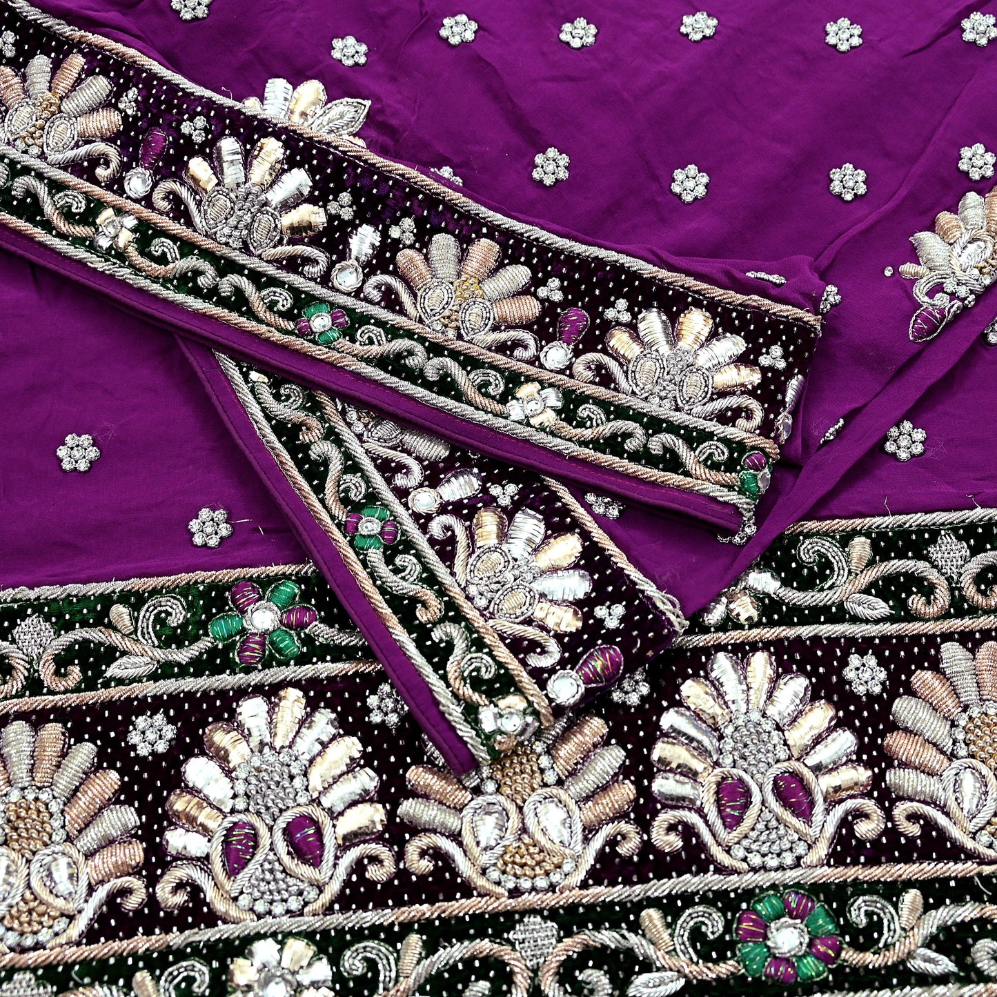 Indian Vintage Heavy Bridal Dupatta Purple Pure Georgette Silk Long Stole Hand Embroidered Scarf Zardozi/Dabka Zari Wedding/Party Dupatta