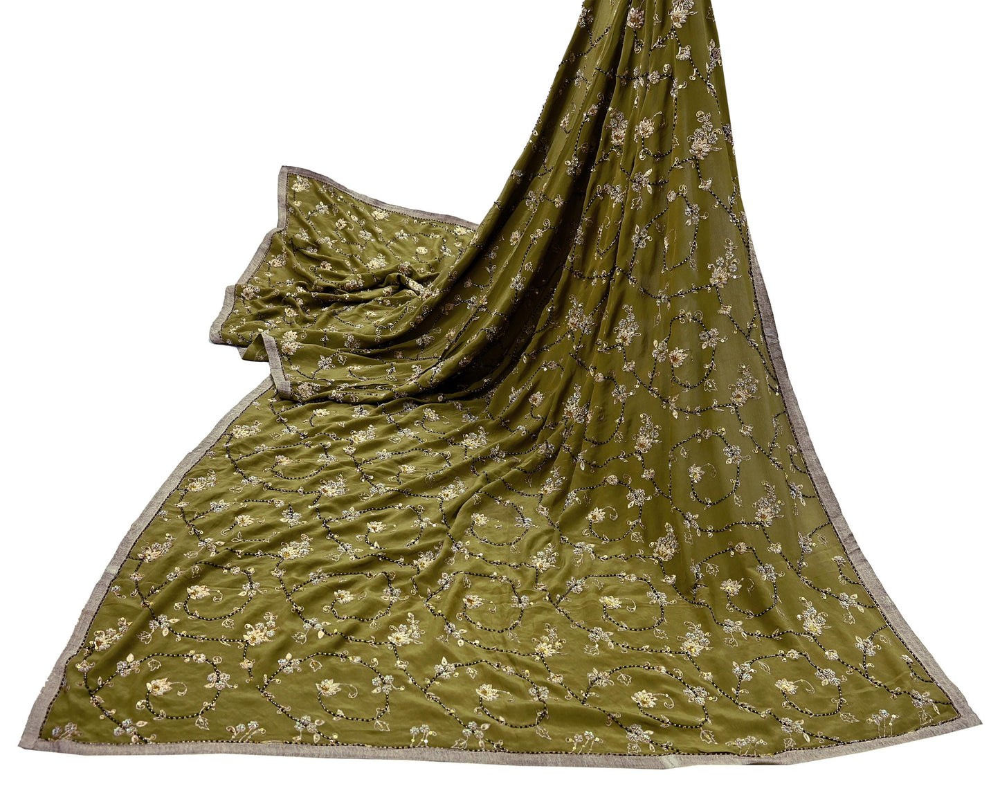 Indian Vintage Heavy Green Dupatta Pure Crepe Silk Long Stole Hand Embroidered Scarves Dabka Zardozi Zari Scarves Wedding/ Bridal Veil