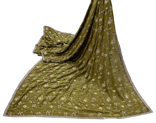 Indian Vintage Heavy Green Dupatta Pure Crepe Silk Long Stole Hand Embroidered Scarves Dabka Zardozi Zari Scarves Wedding/ Bridal Veil