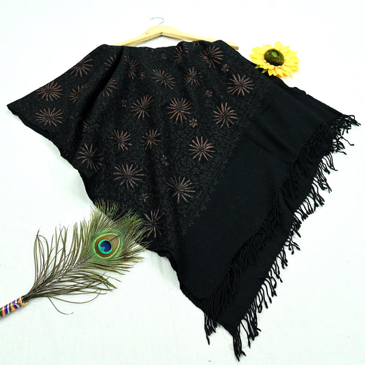 Indian Vintage Black Pure Woolen Shawl Handmade Ari work Long Throw Stole Warm Floral Design Upcycle Crafting Used For her Copper Zari