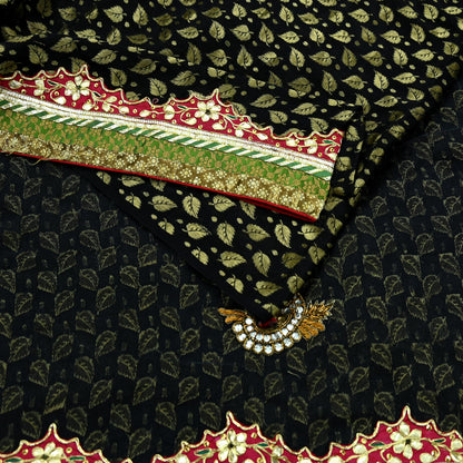 Indian Vintage Heavy Black Saree Pure Silk & Net Hand Beaded Sari Fabric 6Yd Sewing Soft Ethnic Wedding Sarees With Blouse