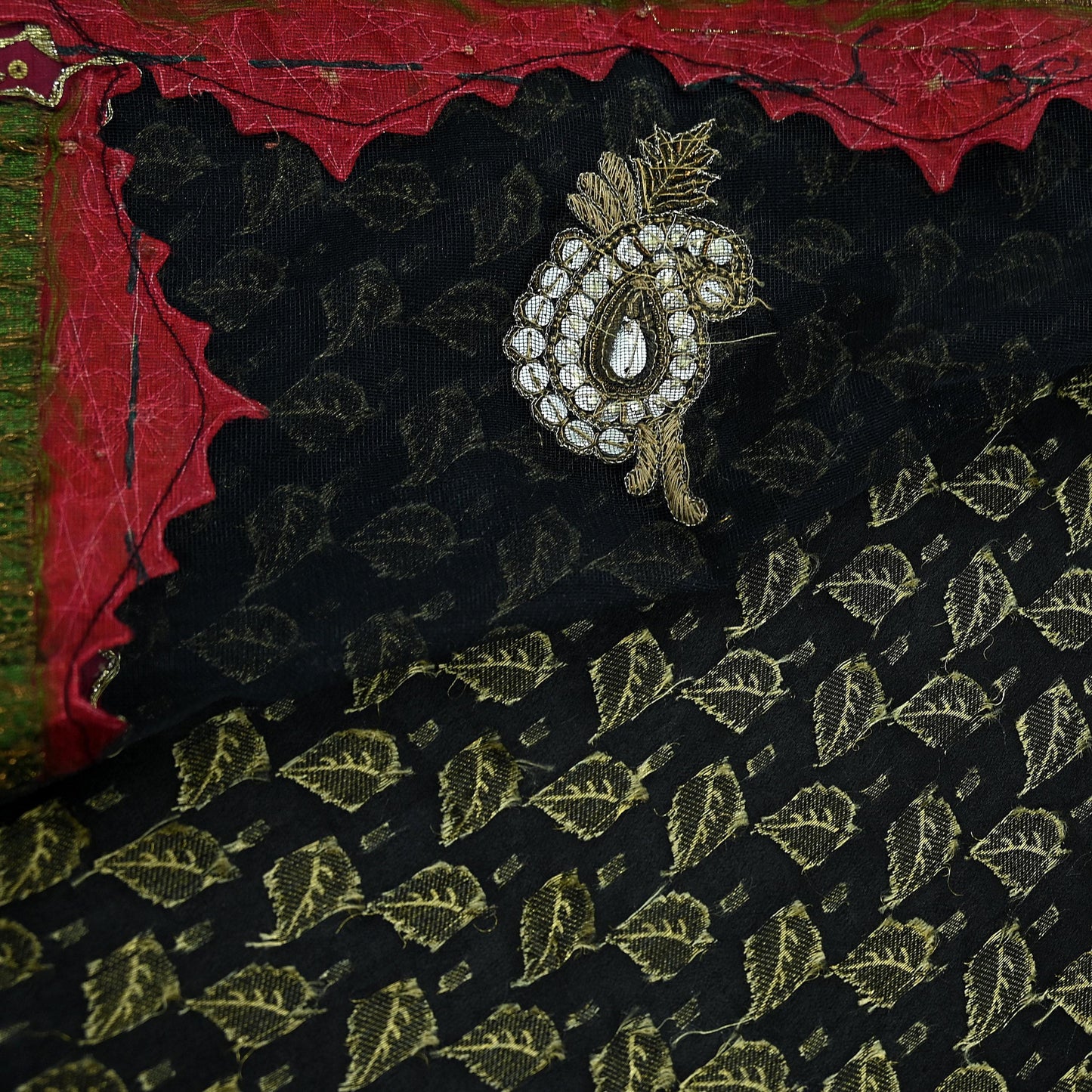 Indian Vintage Heavy Black Saree Pure Silk & Net Hand Beaded Sari Fabric 6Yd Sewing Soft Ethnic Wedding Sarees With Blouse