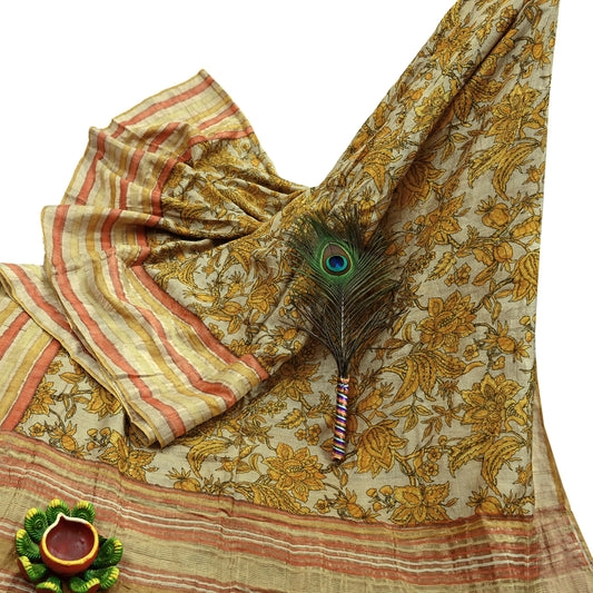 Indian Vintage Beige Saree Pure Khadi Silk Handloom Woven Zari Sari Craft Fabric 5yd Ethnic Wear Border Dress making Upcycle Fringes