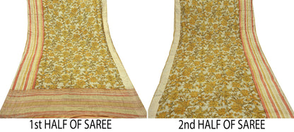 Indian Vintage Beige Saree Pure Khadi Silk Handloom Woven Zari Sari Craft Fabric 5yd Ethnic Wear Border Dress making Upcycle Fringes