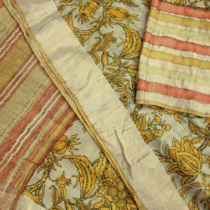 Indian Vintage Beige Saree Pure Khadi Silk Handloom Woven Zari Sari Craft Fabric 5yd Ethnic Wear Border Dress making Upcycle Fringes