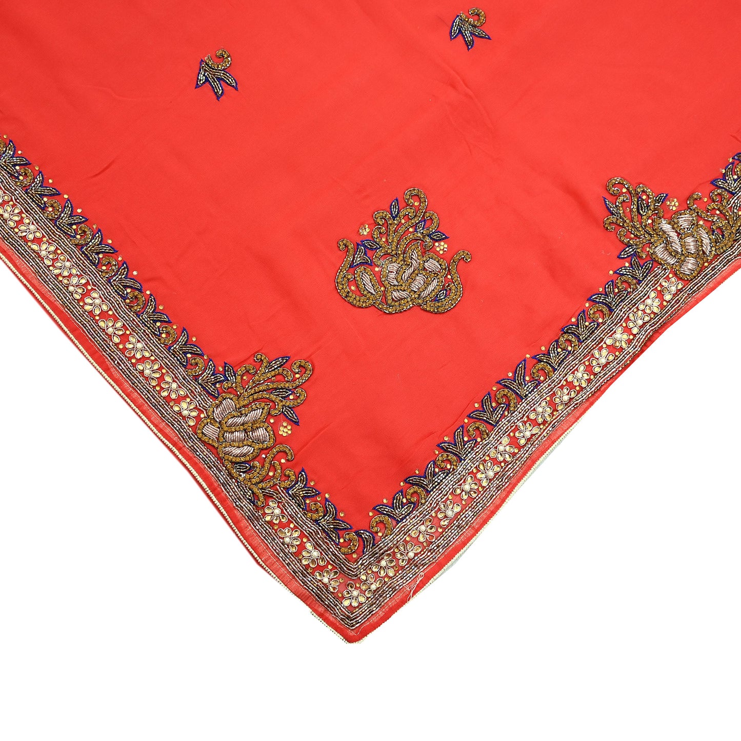 Indian Vintage Heavy Orange Saree Blend Georgette Hand Embroidered Sari Craft Fabric 6Yd Sewing Soft Ethnic Zari Dress Making wedding Sari