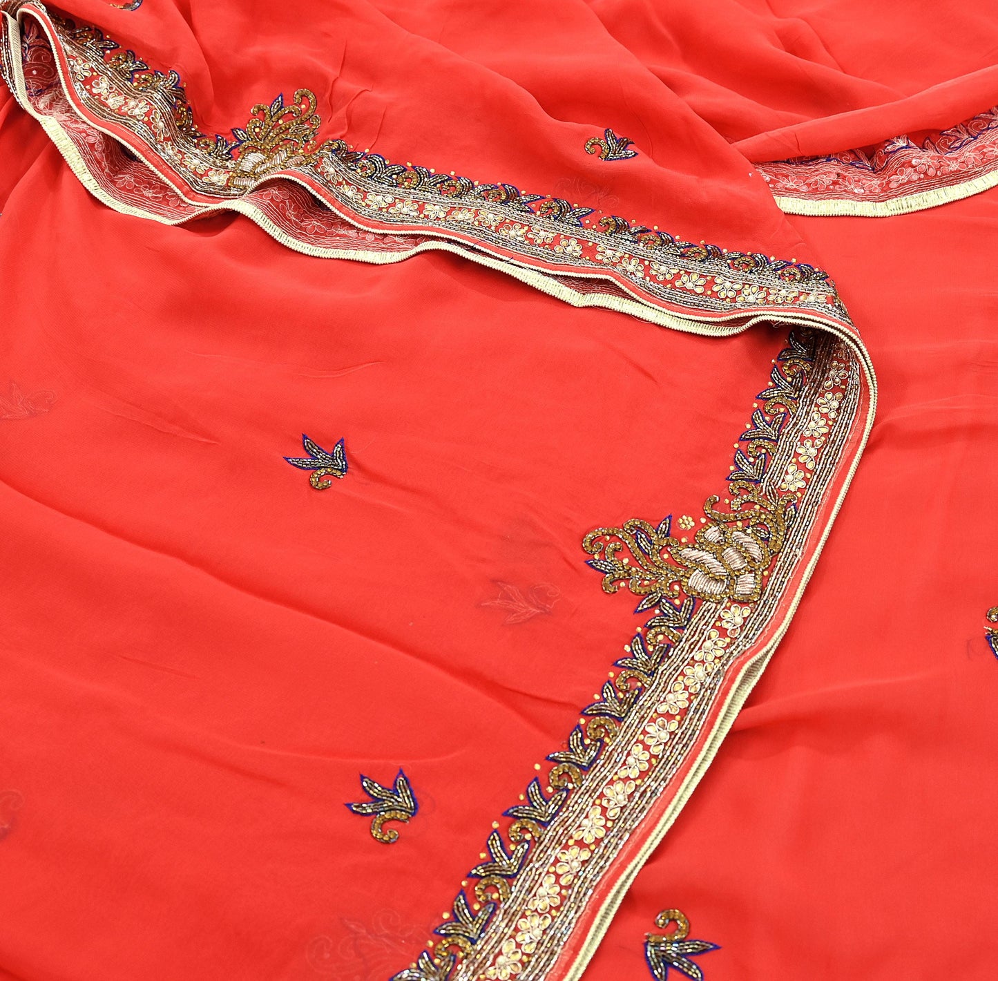 Indian Vintage Heavy Orange Saree Blend Georgette Hand Embroidered Sari Craft Fabric 6Yd Sewing Soft Ethnic Zari Dress Making wedding Sari