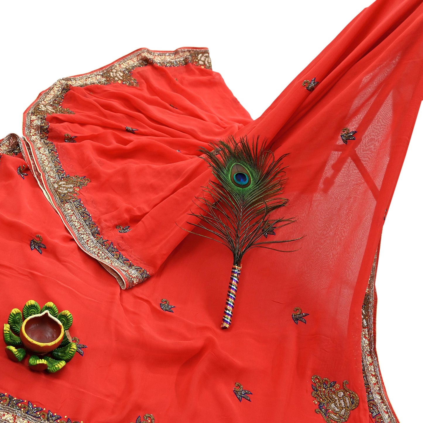 Indian Vintage Heavy Orange Saree Blend Georgette Hand Embroidered Sari Craft Fabric 6Yd Sewing Soft Ethnic Zari Dress Making wedding Sari