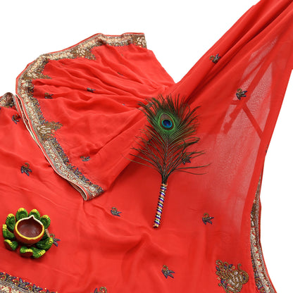 Indian Vintage Heavy Orange Saree Blend Georgette Hand Embroidered Sari Craft Fabric 6Yd Sewing Soft Ethnic Zari Dress Making wedding Sari