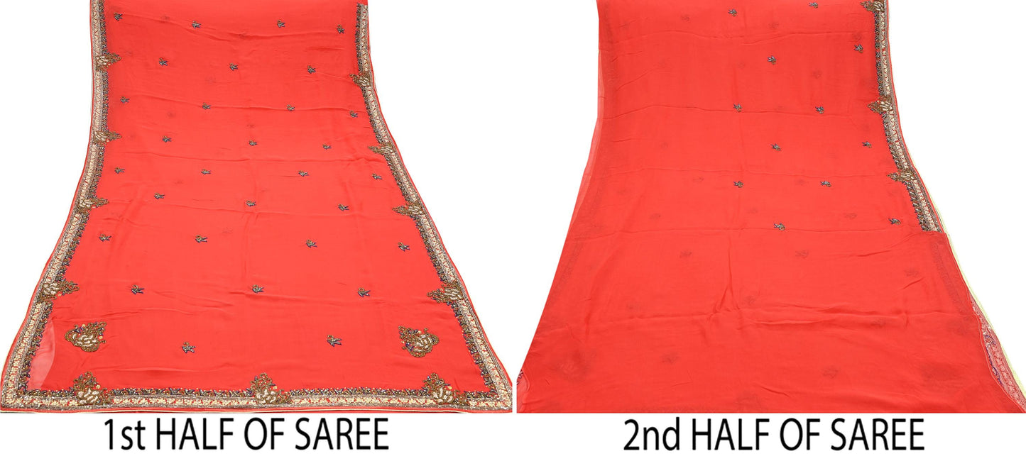 Indian Vintage Heavy Orange Saree Blend Georgette Hand Embroidered Sari Craft Fabric 6Yd Sewing Soft Ethnic Zari Dress Making wedding Sari