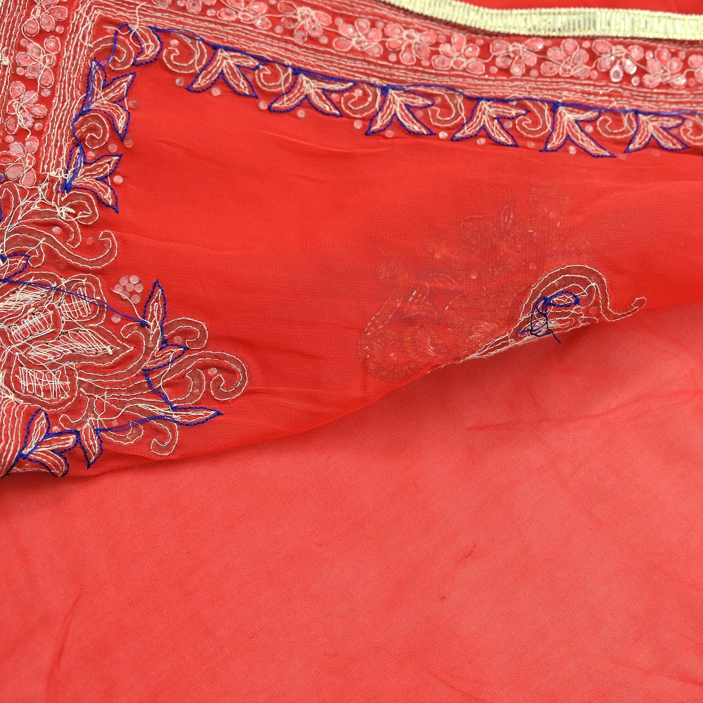 Indian Vintage Heavy Orange Saree Blend Georgette Hand Embroidered Sari Craft Fabric 6Yd Sewing Soft Ethnic Zari Dress Making wedding Sari