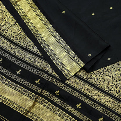 Indian Vintage Heavy Sarees Black 100% Pure Silk Hand Woven Kanjivaram Sari Craft Fabric 5Yd Ethnic Zari Fringes Dress Making Quilting