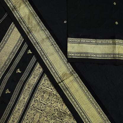 Indian Vintage Heavy Sarees Black 100% Pure Silk Hand Woven Kanjivaram Sari Craft Fabric 5Yd Ethnic Zari Fringes Dress Making Quilting