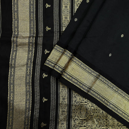 Indian Vintage Heavy Sarees Black 100% Pure Silk Hand Woven Kanjivaram Sari Craft Fabric 5Yd Ethnic Zari Fringes Dress Making Quilting