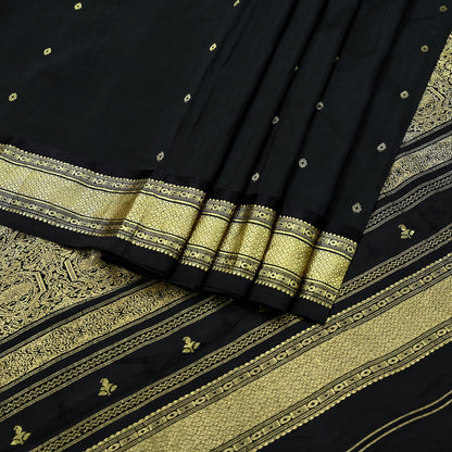 Indian Vintage Heavy Sarees Black 100% Pure Silk Hand Woven Kanjivaram Sari Craft Fabric 5Yd Ethnic Zari Fringes Dress Making Quilting