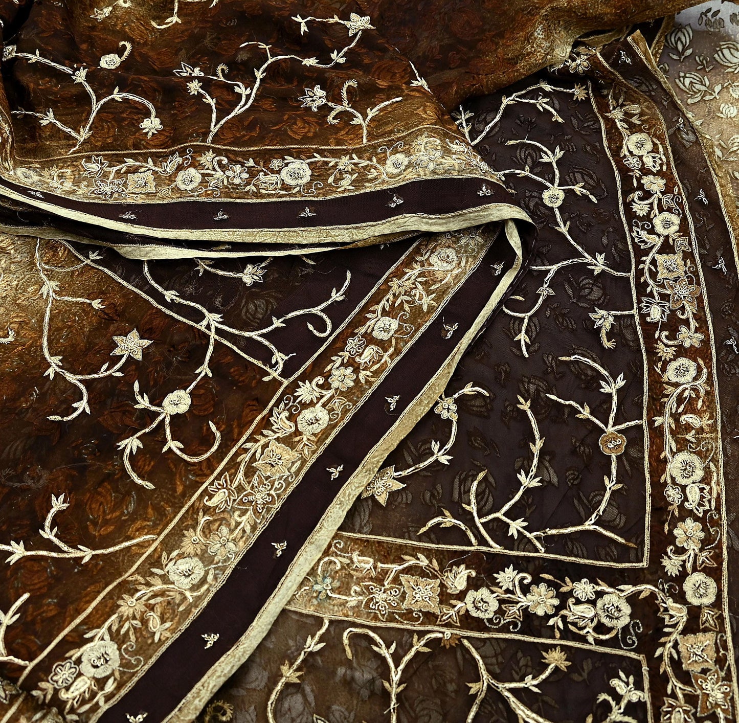 Indian Vintage Heavy Sarees Brown Beige Net/Mesh & Brasso Hand Embroidered Sari Fabric 5Yd Sewing Ethnic Wedding sarees