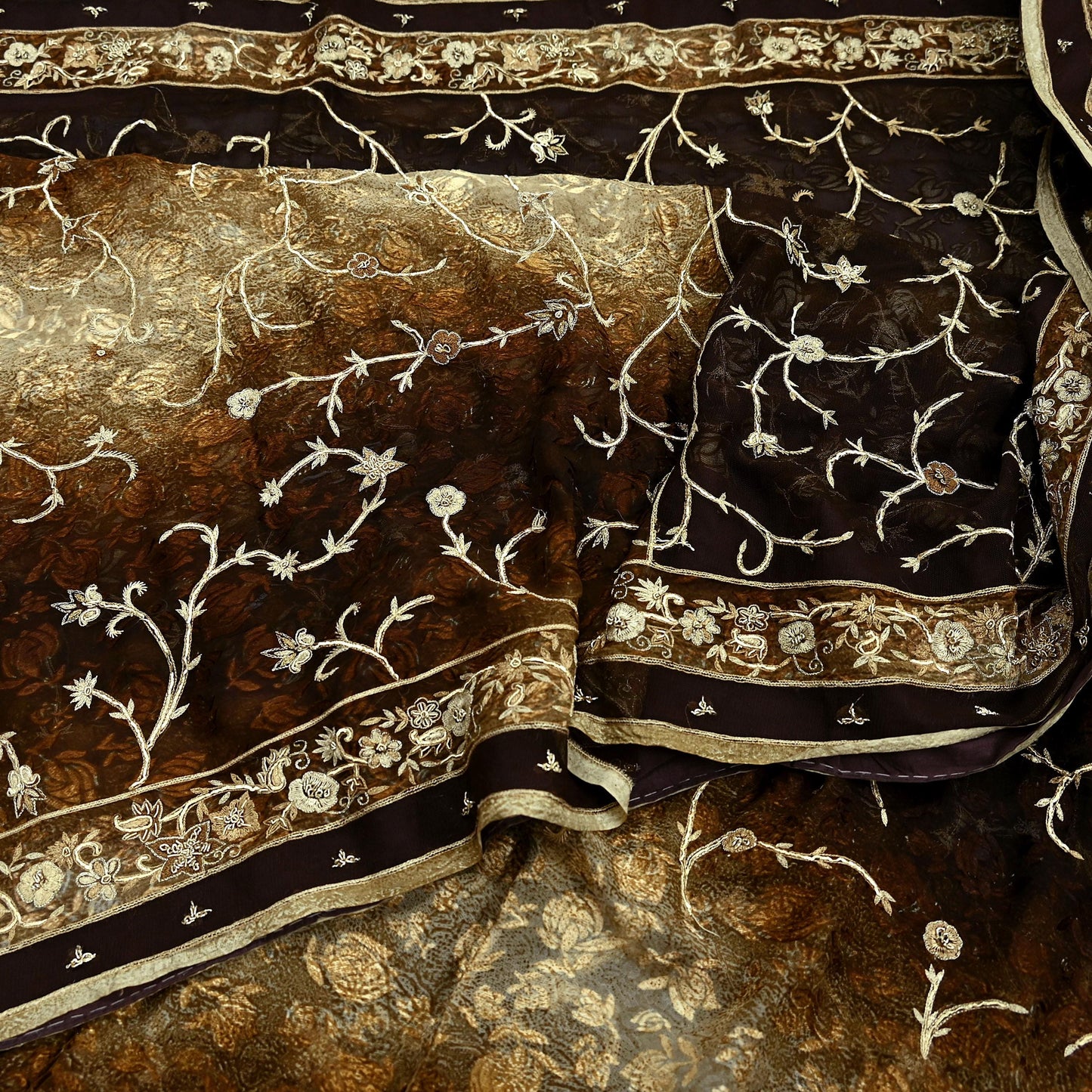 Indian Vintage Heavy Sarees Brown Beige Net/Mesh & Brasso Hand Embroidered Sari Fabric 5Yd Sewing Ethnic Wedding sarees