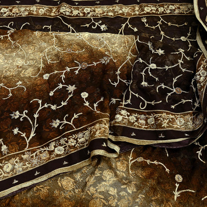 Indian Vintage Heavy Sarees Brown Beige Net/Mesh & Brasso Hand Embroidered Sari Fabric 5Yd Sewing Ethnic Wedding sarees