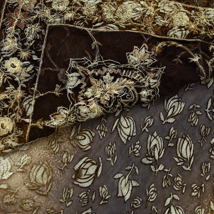 Indian Vintage Heavy Sarees Brown Beige Net/Mesh & Brasso Hand Embroidered Sari Fabric 5Yd Sewing Ethnic Wedding sarees