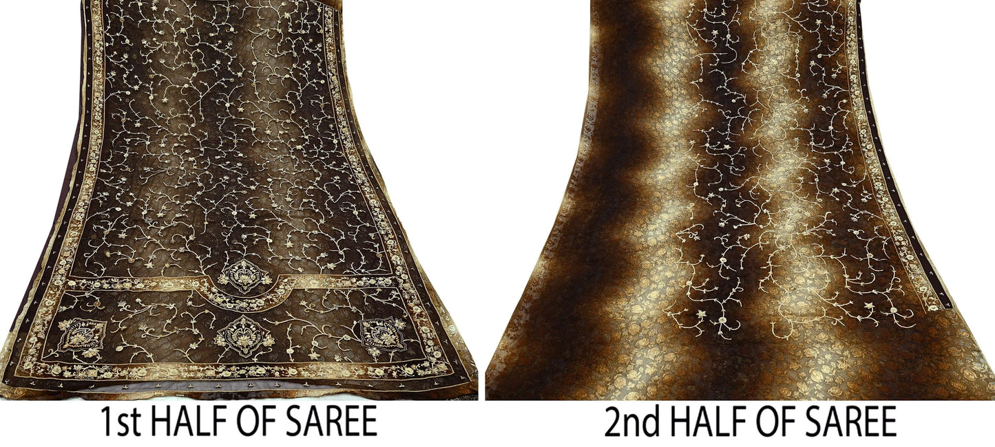 Indian Vintage Heavy Sarees Brown Beige Net/Mesh & Brasso Hand Embroidered Sari Fabric 5Yd Sewing Ethnic Wedding sarees