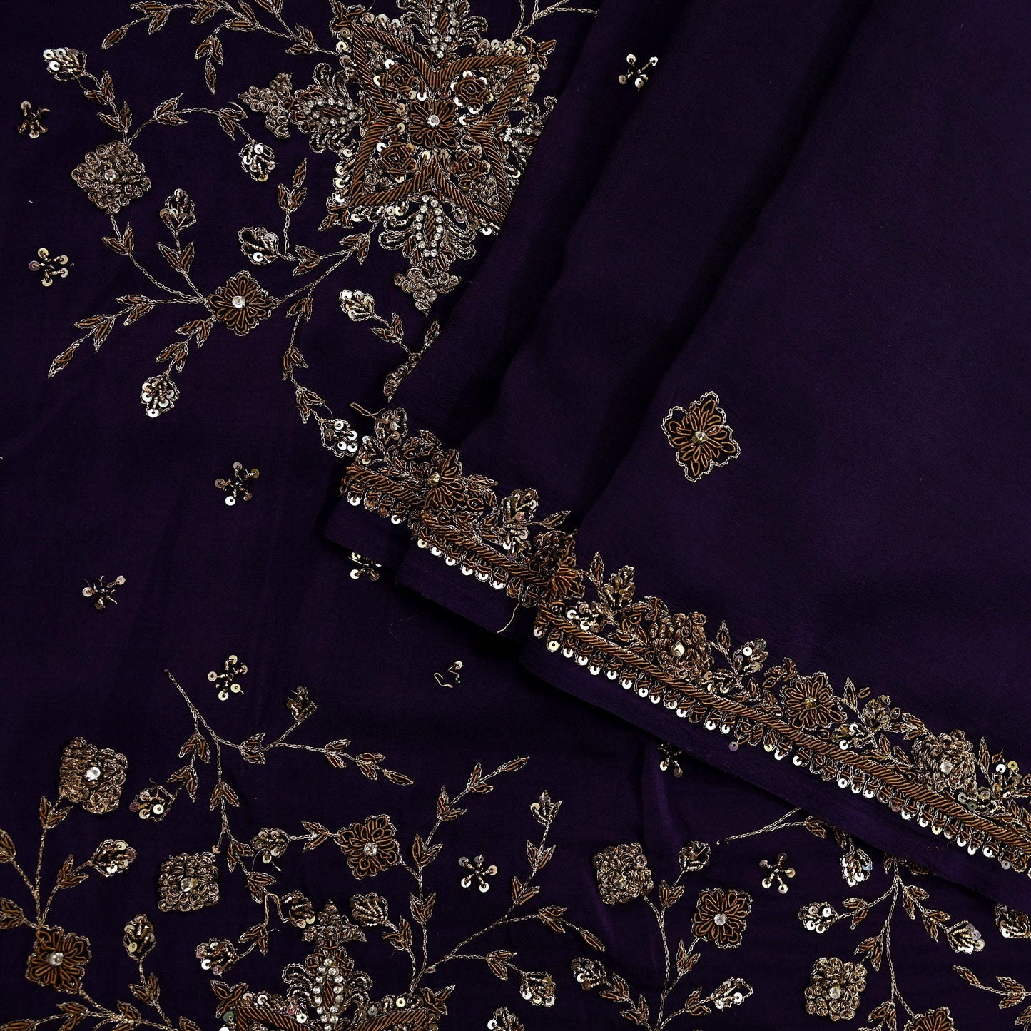 Indian Vintage Purple Saree Pure Crepe Silk Hand Embroidered Sari Craft Fabric 5Yd Sewing Soft Zardozi/Dabka Dress making