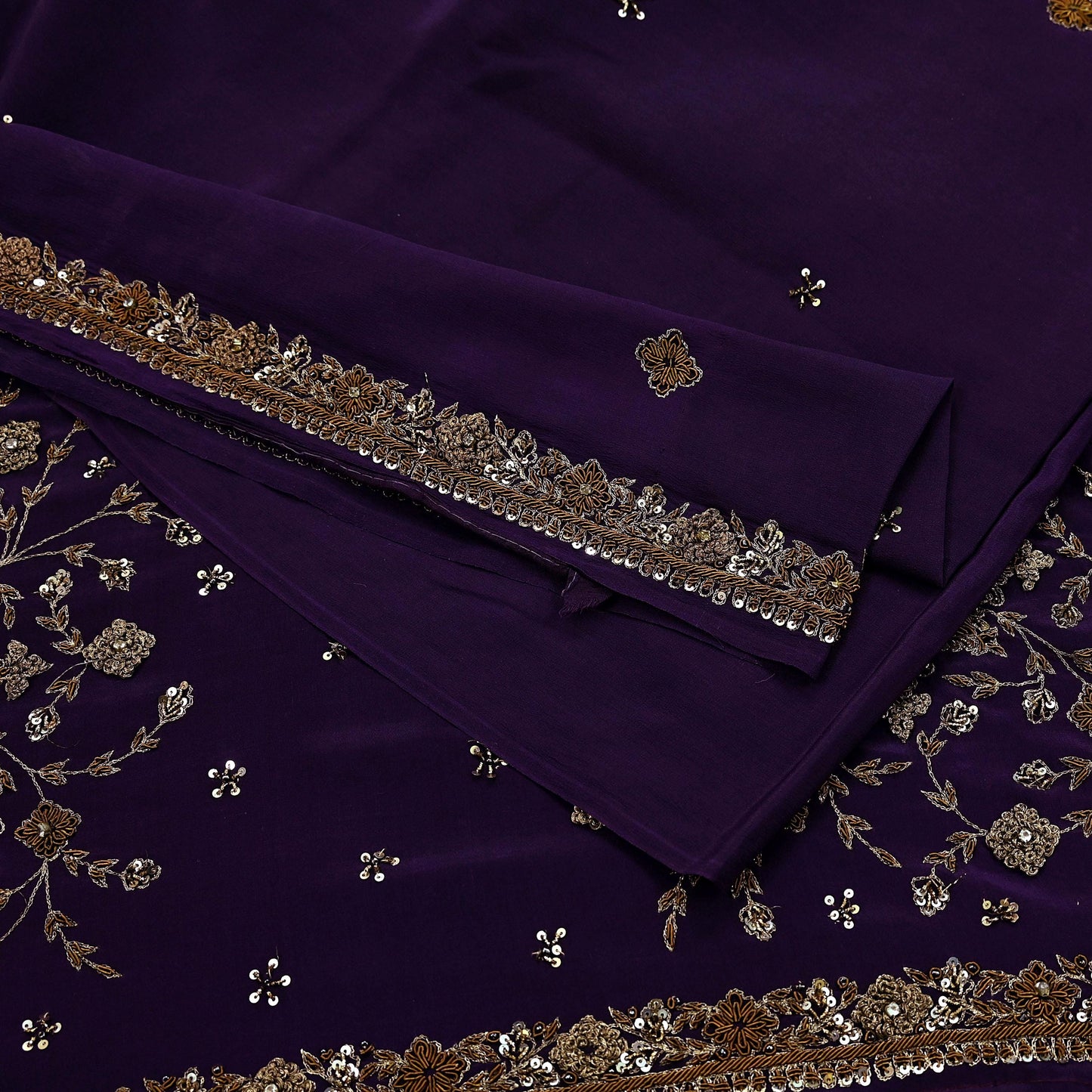 Indian Vintage Purple Saree Pure Crepe Silk Hand Embroidered Sari Craft Fabric 5Yd Sewing Soft Zardozi/Dabka Dress making