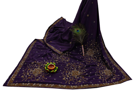 Indian Vintage Purple Saree Pure Crepe Silk Hand Embroidered Sari Craft Fabric 5Yd Sewing Soft Zardozi/Dabka Dress making