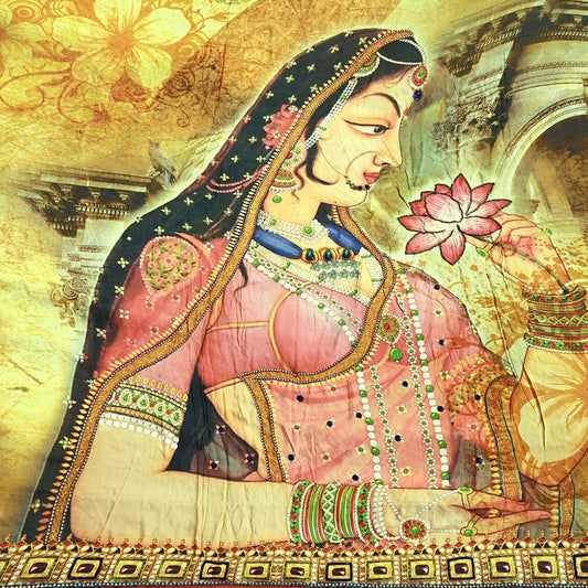 Indian Vintage Heavy Sari  Hand Embroidered Digital Saree 100% Pure Satin Silk Craft Fabric 5yd Soft Dress making Dress Designing Crafting