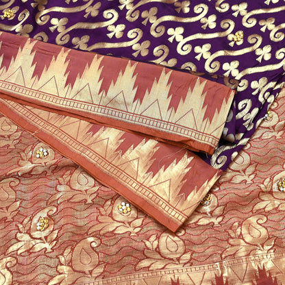 Indian Vintage Saree Purple & Brown Hand Woven Pure Silk Sari Craft Fabric 5Yd Ethnic Floral Golden Zari Dress making For Crafting Quilting